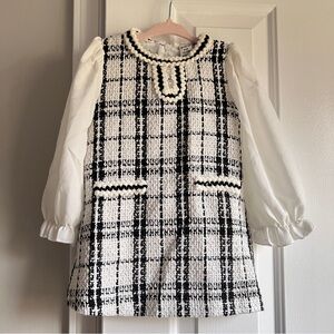 Shein Black and White Toddler/Kids Tweed Plaid Dress with Puff Sleeves